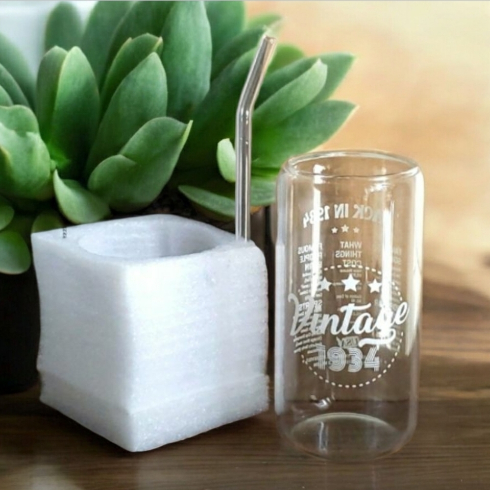 Vintage 1934 16oz Beer Can Glass With Straw